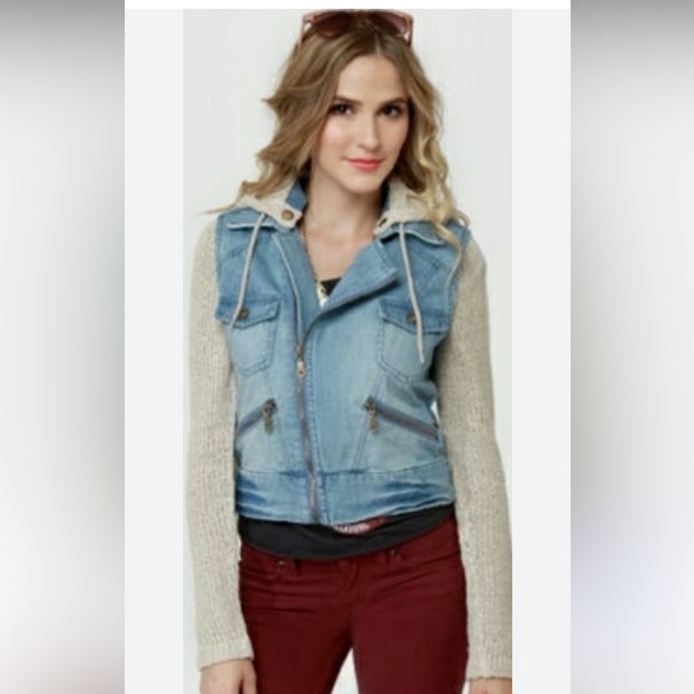 Billabong Denim and Knit Hooded Moto Lightwash Jacket Sz M